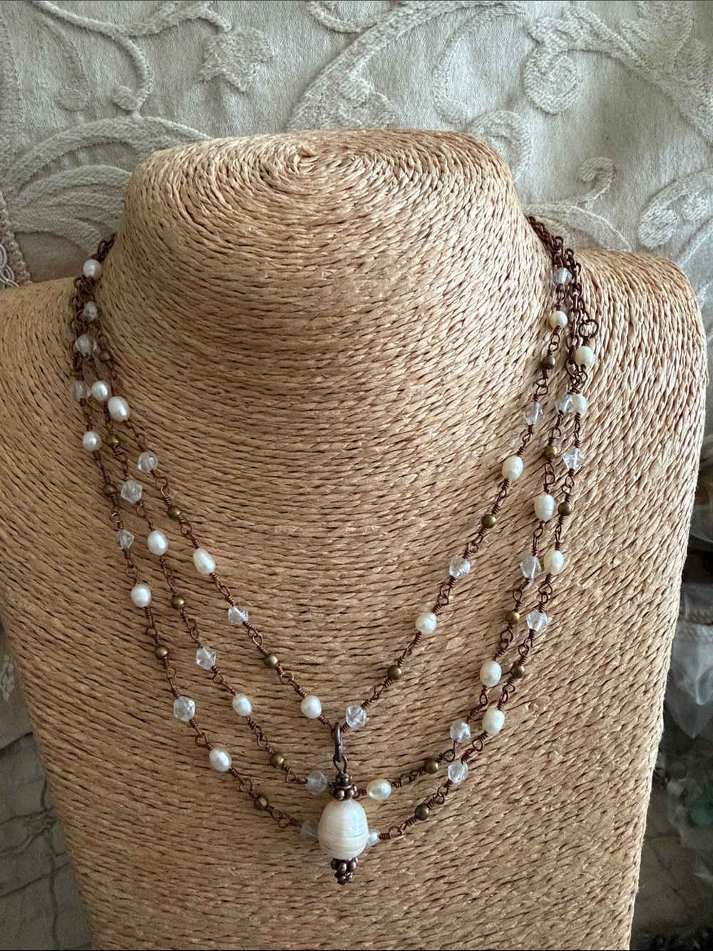 Copper chains with white pearls clear crystal large pearl focal point